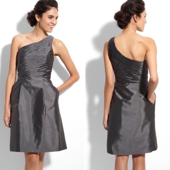 MONIQUE LHUILLIER Bridesmaids One Shoulder Pleated Slate Color A Line Dress - Picture 2 of 11